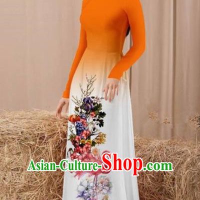 Vietnam Traditional National Costume Printing Flamingo Flowers Orange Ao Dai Dress Asian Vietnamese Cheongsam for Women