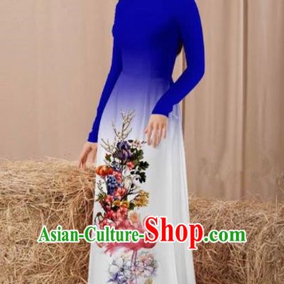 Vietnam Traditional National Costume Printing Flamingo Flowers Royalblue Ao Dai Dress Asian Vietnamese Cheongsam for Women