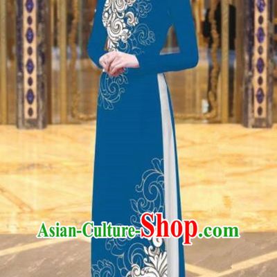 Vietnam Traditional Court Costume Printing Blue Ao Dai Dress Asian Vietnamese Cheongsam for Women