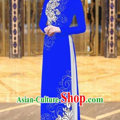 Vietnam Traditional Court Costume Printing Royalblue Ao Dai Dress Asian Vietnamese Cheongsam for Women