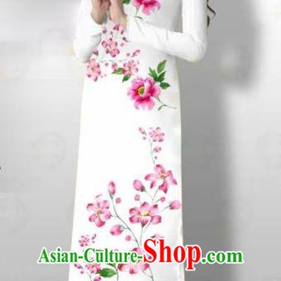 Vietnam Traditional Court Costume Printing Pink Flowers Ao Dai Dress Asian Vietnamese Cheongsam for Women