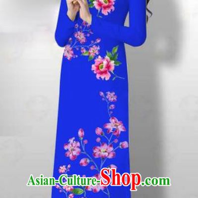 Vietnam Traditional Court Costume Printing Flowers Royalblue Ao Dai Dress Asian Vietnamese Cheongsam for Women