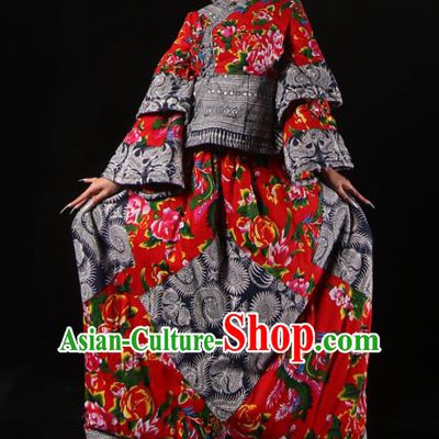 Chinese National Miao Nationality Bandhnu Red Clothing Traditional Ethnic Costume for Women