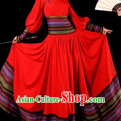 Chinese National Mongol Nationality Red Dress Traditional Mongolian Ethnic Costume for Women