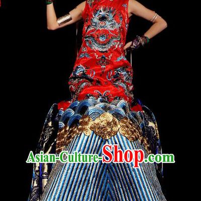 Chinese National Cheongsam Costume Traditional Tang Suit Red Brocade Qipao Dress for Women