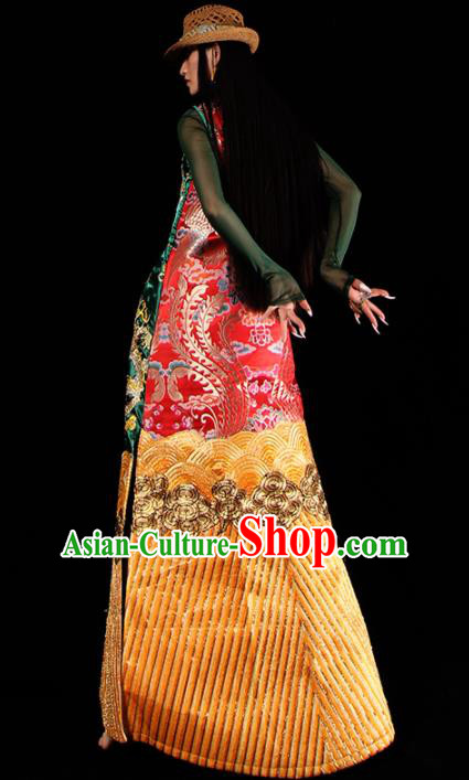 Chinese National Cheongsam Costume Traditional Tang Suit Red Brocade Qipao Dress for Women Chinese National Cheongsam Costume Traditional Tang Suit Red Brocade Qipao Dress for Women