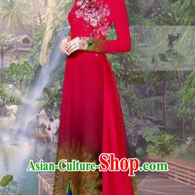 Vietnam Traditional Court Costume Printing Peacock Red Ao Dai Dress Asian Vietnamese Cheongsam for Women