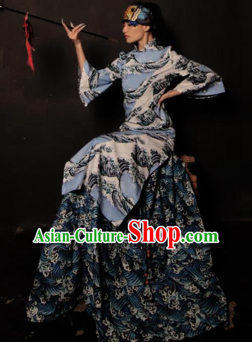 Chinese National Blue Cheongsam Costume Traditional Tang Suit Qipao Dress for Women Chinese National Blue Cheongsam Costume Traditional Tang Suit Qipao Dress for Women
