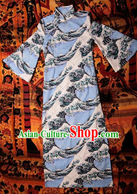 Chinese National Blue Cheongsam Costume Traditional Tang Suit Qipao Dress for Women Chinese National Blue Cheongsam Costume Traditional Tang Suit Qipao Dress for Women