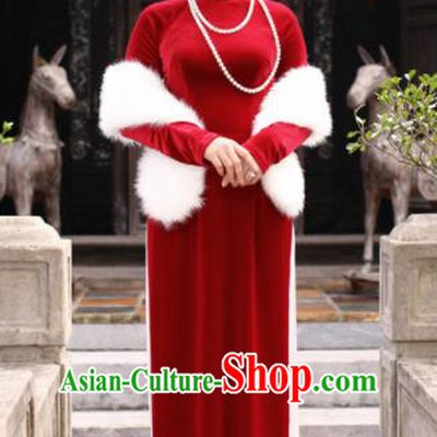 Vietnam Traditional Court Costume Red Velvet Ao Dai Dress Asian Vietnamese Cheongsam for Women