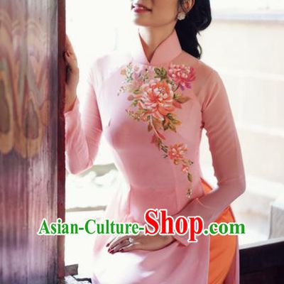 Vietnam Traditional Court Costume Printing Peony Pink Ao Dai Dress Asian Vietnamese Cheongsam for Women