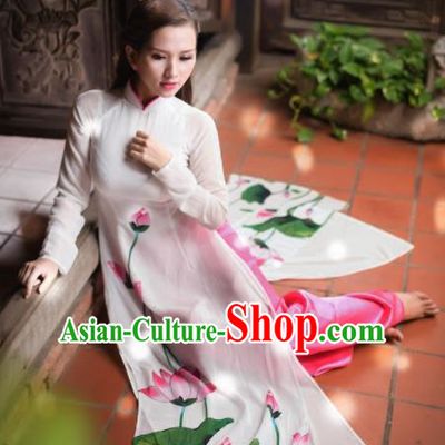 Vietnam Traditional National Costume Printing Lotus White Ao Dai Dress Asian Vietnamese Cheongsam for Women