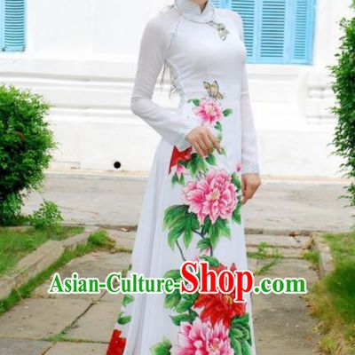 Vietnam Traditional National Costume Printing Peony White Ao Dai Dress Asian Vietnamese Cheongsam for Women