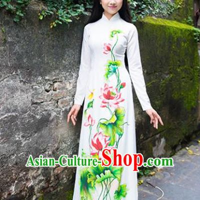 Vietnam Traditional National Costume Court Printing Lotus Ao Dai Dress Asian Vietnamese Cheongsam for Women