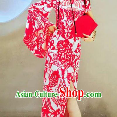 Chinese Traditional National Costume Red Cheongsam Tang Suit Qipao Dress for Women