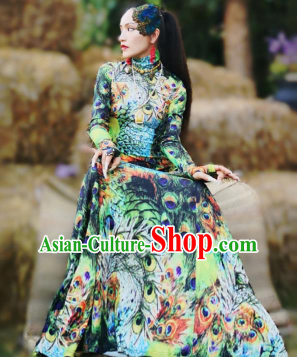 Chinese Traditional National Costume Printing Peacock Cheongsam Tang Suit Qipao Dress for Women Chinese Traditional National Costume Printing Peacock Cheongsam Tang Suit Qipao Dress for Women