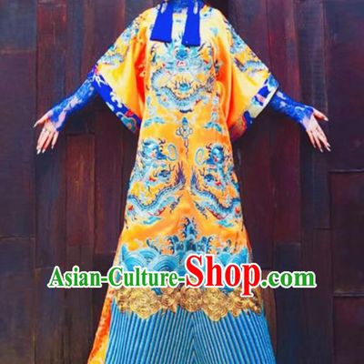 Chinese Traditional Catwalks Costume National Embroidered Golden Cheongsam Tang Suit Qipao Dress for Women