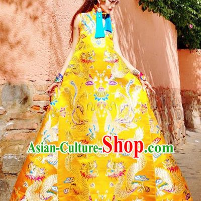 Chinese Traditional Catwalks Costume National Golden Brocade Cheongsam Tang Suit Qipao Dress for Women