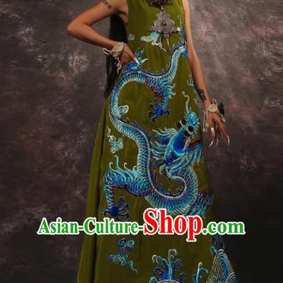 Chinese Traditional Catwalks Costume National Olive Green Brocade Cheongsam Tang Suit Qipao Dress for Women