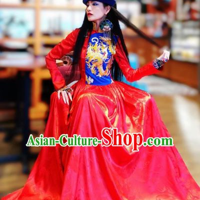 Chinese Traditional Catwalks Costume National Embroidered Dragon Red Cheongsam Tang Suit Qipao Dress for Women