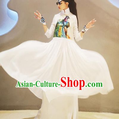 Chinese Traditional Catwalks Costume National Printing White Cheongsam Tang Suit Qipao Dress for Women