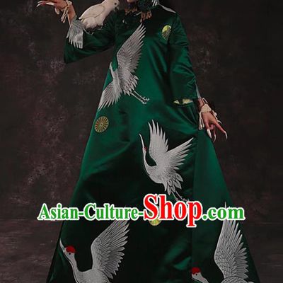 Chinese Traditional Catwalks Costume National Printing Cranes Green Brocade Cheongsam Tang Suit Qipao Dress for Women