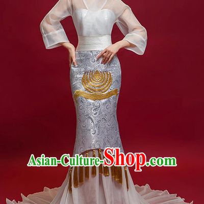 Chinese National Catwalks Grey Trailing Full Dress Traditional Tang Suit Cheongsam for Women