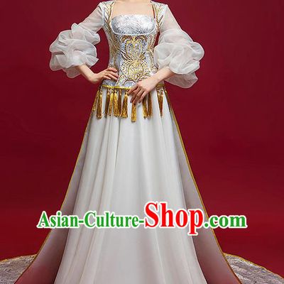 Chinese National Catwalks Grey Trailing Full Dress Traditional Compere Cheongsam for Women