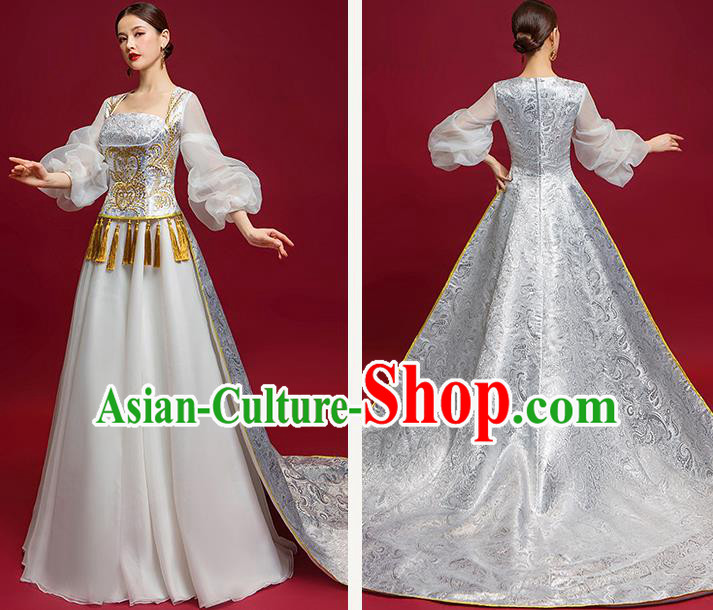 Chinese National Catwalks Grey Trailing Full Dress Traditional Compere Cheongsam for Women Chinese National Catwalks Grey Trailing Full Dress Traditional Compere Cheongsam for Women