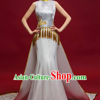 Chinese National Catwalks Embroidered Grey Trailing Full Dress Traditional Compere Cheongsam for Women