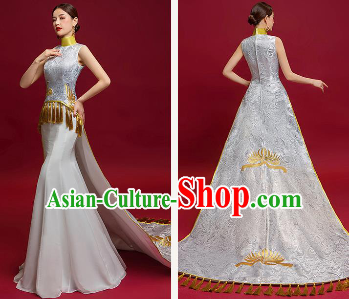 Chinese National Catwalks Embroidered Grey Trailing Full Dress Traditional Compere Cheongsam for Women Chinese National Catwalks Embroidered Grey Trailing Full Dress Traditional Compere Cheongsam for Women