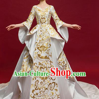 Chinese National Catwalks Golden Flowers Trailing Full Dress Traditional Compere Cheongsam for Women
