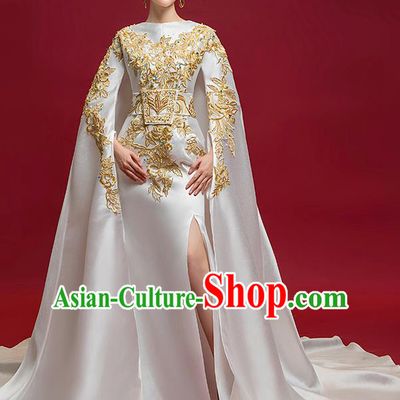 Chinese National Catwalks Embroidered Full Dress Traditional Compere Cheongsam for Women