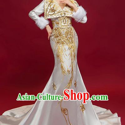 Chinese National Catwalks Embroidered Full Dress Traditional Compere Cheongsam for Women