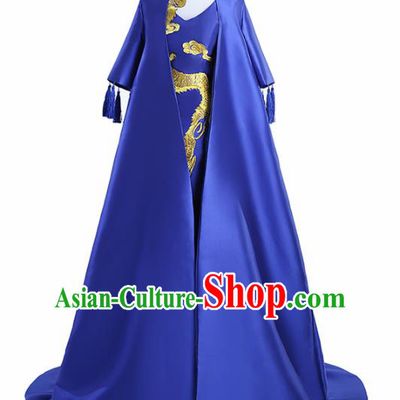 Chinese National Catwalks Costume Royalblue Trailing Cheongsam Traditional Tang Suit Qipao Dress for Women