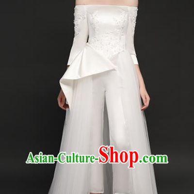 Top Grade Catwalks White Veil Trailing Full Dress Modern Dance Party Compere Costume for Women