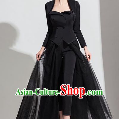 Top Grade Catwalks Black Veil Full Dress Modern Dance Party Compere Costume for Women