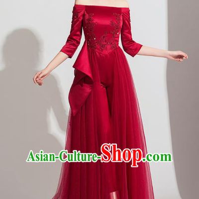 Top Grade Catwalks Wine Red Veil Full Dress Modern Dance Party Compere Costume for Women
