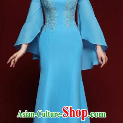 Chinese National Catwalks Embroidered Blue Lace Cheongsam Traditional Costume Tang Suit Qipao Dress for Women