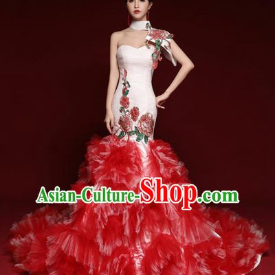 Chinese National Catwalks Red Veil Peony Trailing Cheongsam Traditional Costume Tang Suit Qipao Dress for Women