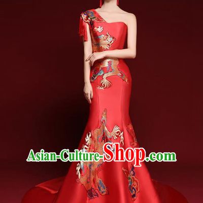 Chinese National Catwalks Printing Dragons Red Trailing Cheongsam Traditional Costume Tang Suit Qipao Dress for Women