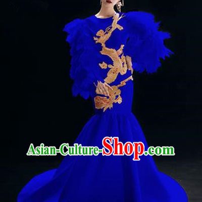 Chinese National Catwalks Embroidered Dragon Royalblue Trailing Cheongsam Traditional Costume Tang Suit Qipao Dress for Women