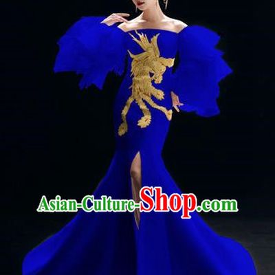 Top Grade Catwalks Embroidered Royalblue Full Dress Modern Dance Party Compere Costume for Women