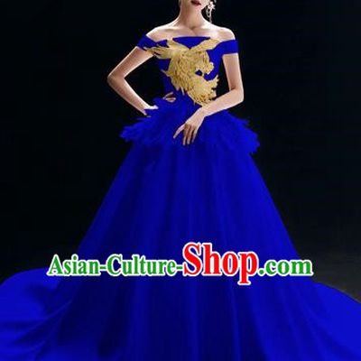 Top Grade Catwalks Royalblue Trailing Full Dress Modern Dance Party Compere Embroidered Costume for Women
