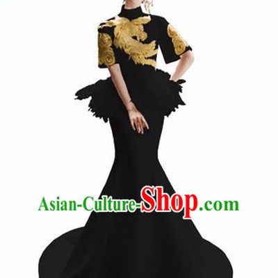 Chinese National Catwalks Embroidered Black Mermaid Cheongsam Traditional Costume Tang Suit Qipao Dress for Women