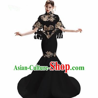 Chinese National Catwalks Embroidered Black Trailing Cheongsam Traditional Costume Tang Suit Qipao Dress for Women