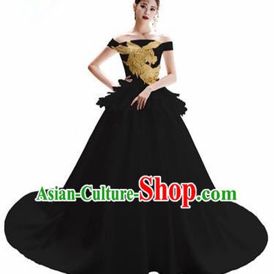 Top Grade Catwalks Black Trailing Full Dress Modern Dance Party Compere Embroidered Costume for Women