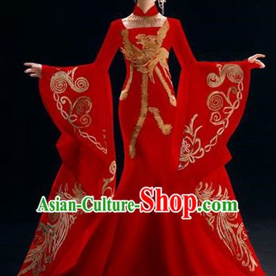 Chinese National Catwalks Embroidered Red Trailing Cheongsam Traditional Costume Tang Suit Qipao Dress for Women