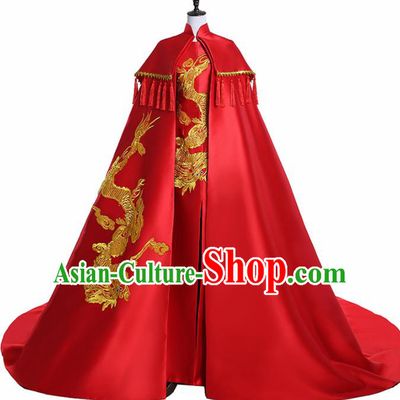 Chinese National Catwalks Costume Embroidered Dragon Trailing Cheongsam Traditional Tang Suit Red Qipao Dress for Women