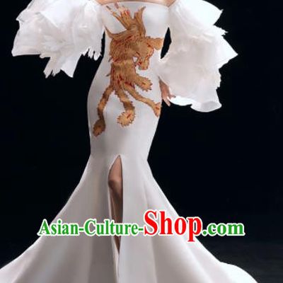 Top Grade Catwalks Embroidered White Trailing Full Dress Modern Dance Party Compere Costume for Women